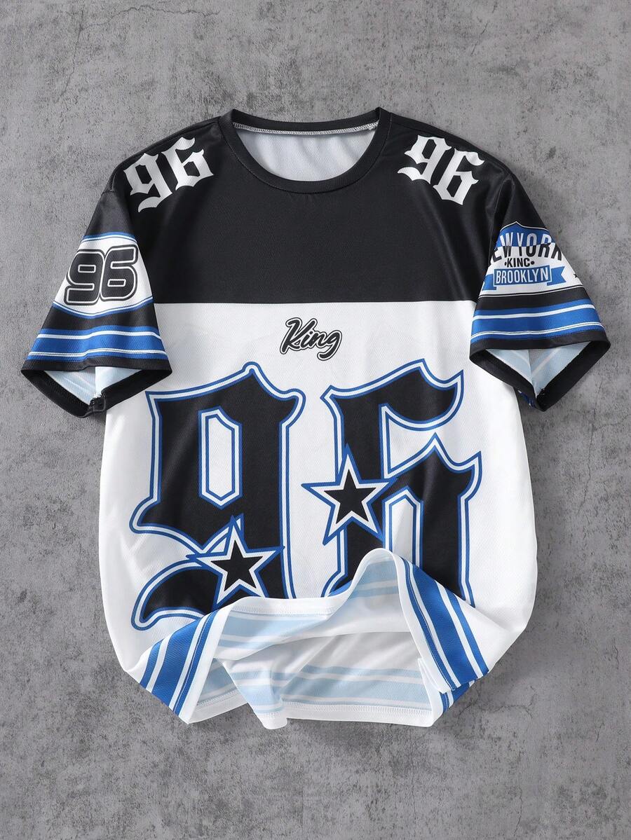 SHEIN Coolqubz Camiseta de manga corta con cuello redondo, estampado numérico y de letras, y estilo graffiti para niños, para uso casual y deportivo de baloncesto, apta para todas las estaciones - Multicolor - Ver 1