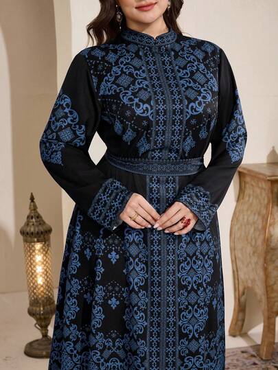 Al Najma 大码女式撞色印花优雅长袖阿拉伯风格连衣裙