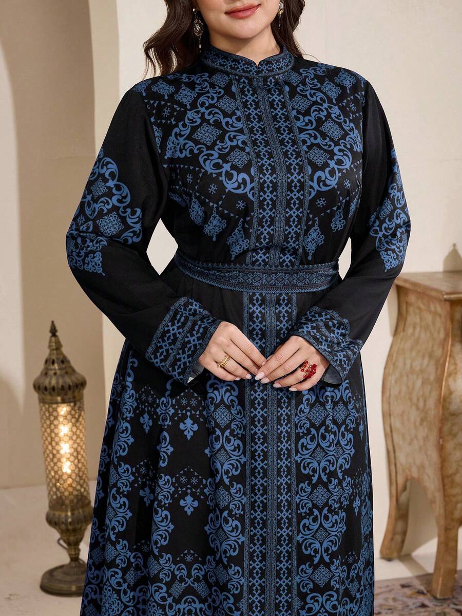 SHEIN Najma Plus Size Women's Contrast Color Print Elegant Long Sleeve Arabic Style Dress - Multicolor - View 1