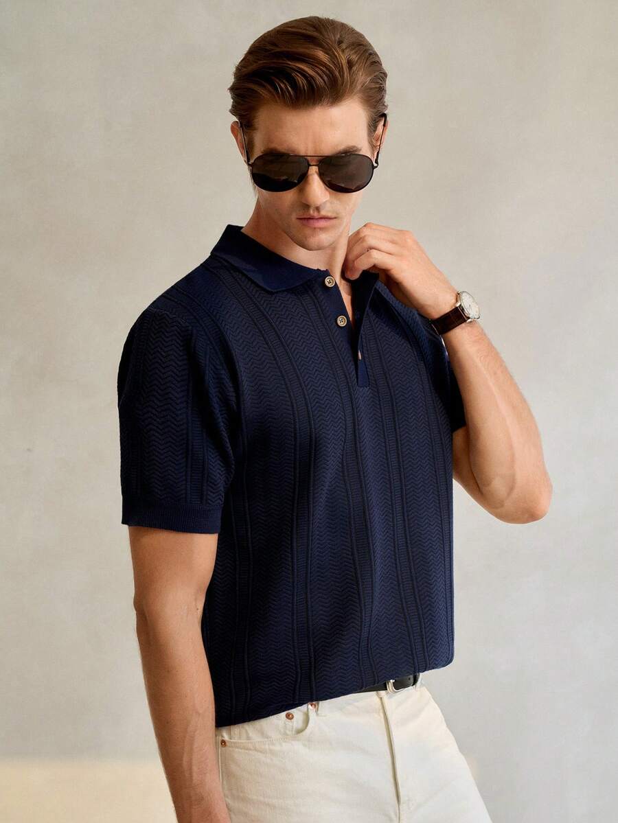 Manfinity CityGents 男士夏季休闲短袖针织上衣老款唯美男士纽扣Polo衫男士针织Polo衫男士Polo衫 - 藏蓝色 - 查看 1