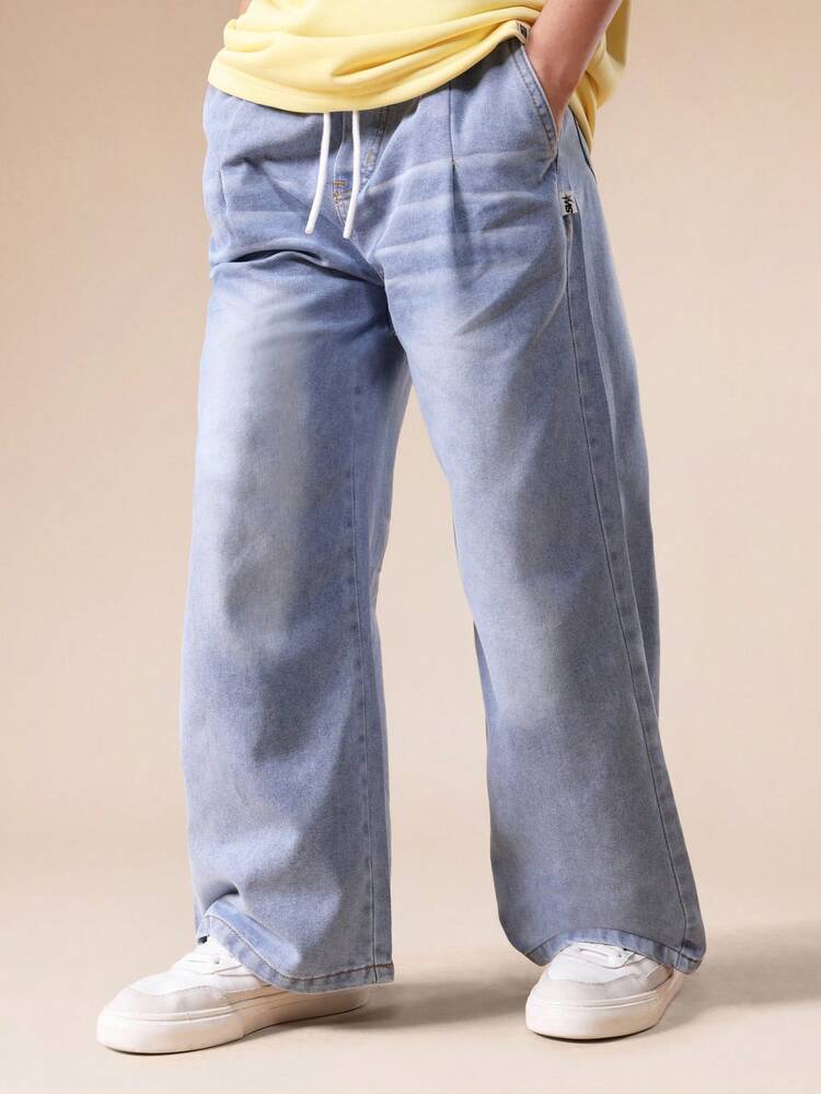 Wide Leg Pleated Denim Jeans With Drawstring