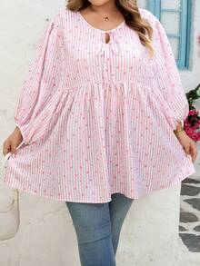 SHEIN CURVE+ Curve 尺码 US22 音乐节、海滨度假、波西米亚风 CURVE PLUS / / 女士系带领灯笼袖条纹爱心印花荷叶边下摆宽松衬衫 - 彩色 - 查看 10