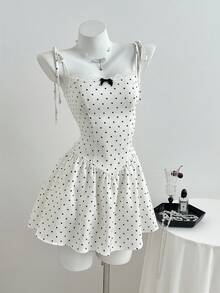 Elamini Y2K Cute Waist Cinched Polka Dot Print Mini Dress - Black and White - View 5