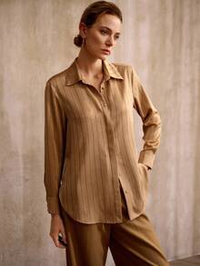 MOTF PREMIUM METAL BUCKLE DECOR LONG SLEEVE SATIN HOLLOW STRIPED SHIRT, FASHIONABLE FOR COMMUTING, VINTAGE STYLE - Champagne - View 5