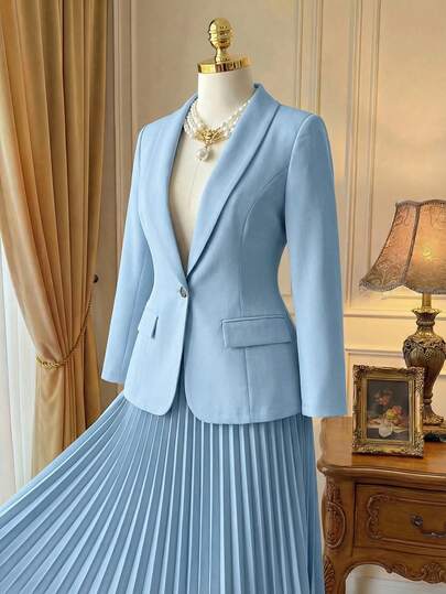 Rometta Plus Size Women Solid Color Long Sleeve Blazer With Pleated Midi Skirt Suit Set Graduation,Back To School,Teacher Outfits For Women Fall Cloth For Women Autumn