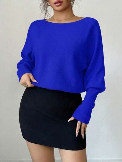 EURMUSE Women's Casual Off-Shoulder Batwing Sleeve Solid Color Knit Sweater, Loose Pullover Top For Autumn/Winter