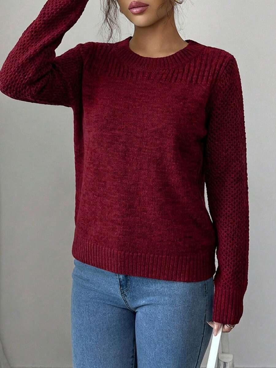 EURMUSE 女士休闲纯色圆领长袖毛衣，秋冬 - 紅色 - 查看 1