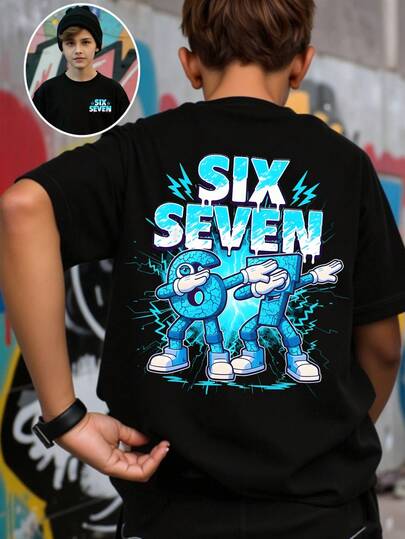 SHEIN Streecool Kids Tween Boy Casual Stylish Creative Personalized Refreshing High-End Simple Numeric 67 Cartoon Character Lightning Bolt Slogan Graphic Print Relaxed Basic Short T-Shirt, Comfortable Daily Wear, Suitable For Spring, Summer, Autumn
