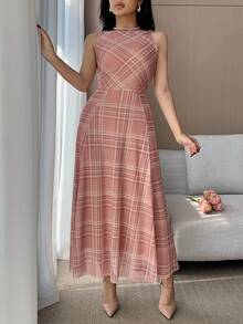 DAZY 女士优雅不对称中长连衣裙，无袖，夏季婚礼宾客礼服 - 粉色 - 查看 3