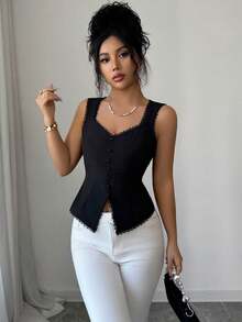 SHEIN Elenzya Áo ba lỗ nữ thanh lịch thiết kế chắp vá ren - màu đen - Xem 1