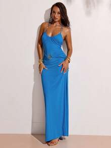 SHEIN BAE 女士休闲度假纯色实用金属装饰连衣裙，适合休闲度假、海滩旅行、鸡尾酒会、派对等场合，优雅蓝色连衣裙，适合派对、度假 - 水鴨藍 - 查看 6