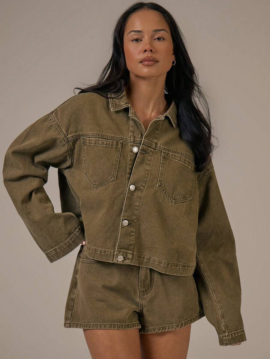 MUSERA Flared Sleeve Oversized Washed Denim Jacket Spring Summer Cute Cosy Cottage Core Spring Dew - Olive Green - View 1
