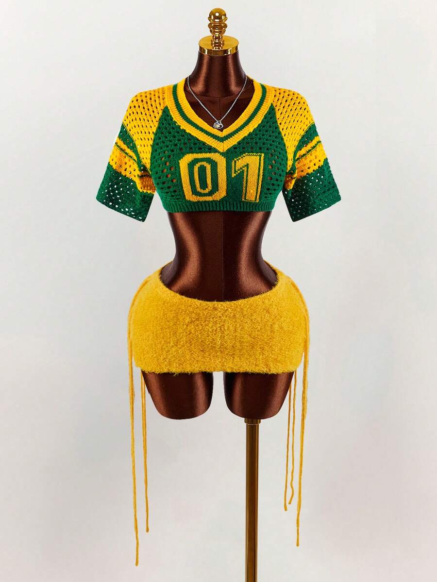 Amplova 女士数字提花镂空短袖露脐针织上衣和针织混纺迷你裙性感两件套 - 彩色 - 查看 1