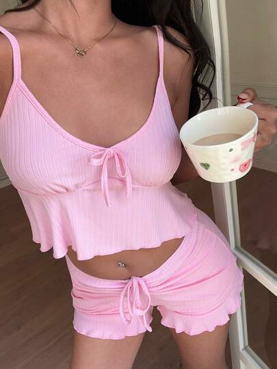 Lowkey Lull 女士夏季纯色罗纹针织短款上衣和抽绳褶皱短裤睡衣套装