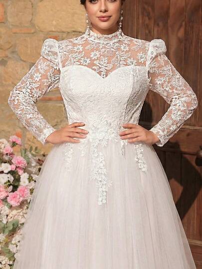 Aureia Vestido de invitada de boda de línea A con cuello mao, mangas abullonadas, transparente, bordado de lujo y empalmado de malla, en talla grande y elegante romántico blanco