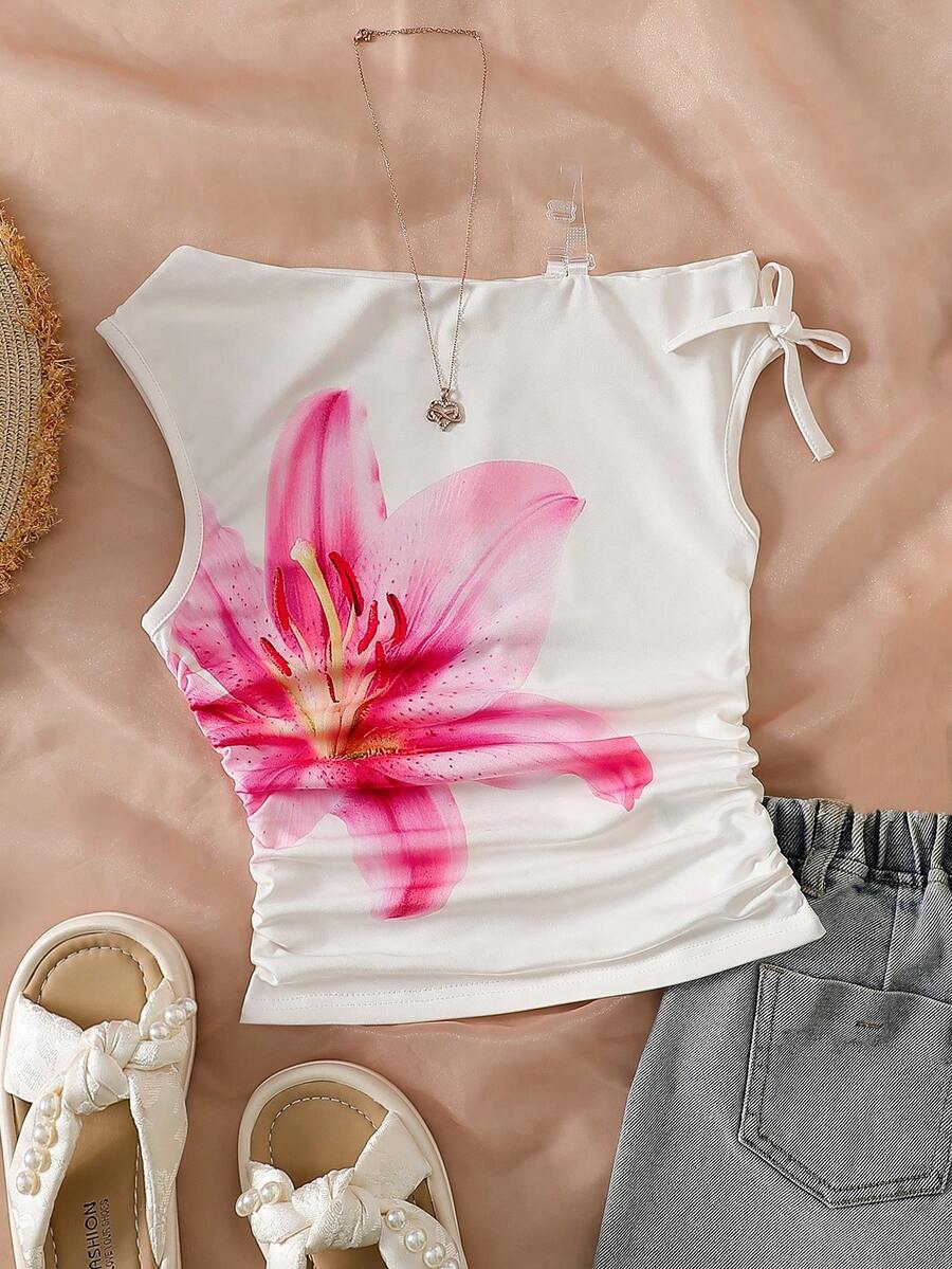 SHEIN Tween Girls' Casual Elegant Floral Print Asymmetrical Shoulder Ruched Cropped T-Shirt - White - View 1