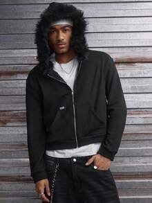 AXEPEAK 男士美式黑色毛领卫衣，小众设计修身短款连帽卫衣，适合秋冬季节，长袖上衣 - 黑色 - 查看 6