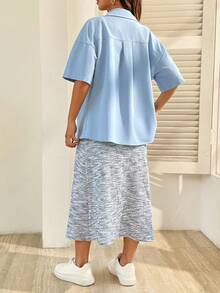 SHEIN 2pcs/Set Maternity Grey Sleeveless Dress + Blue Button Front Jacket, Casual Outfit - Blue - View 2