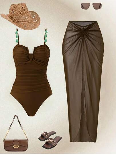 Swim Oasis 2026 New Spring/Summer Women 2pcs Solid Color Bandeau One Piece Swimsuit With Mesh Maxi Skirt, Beach Resort Casual Elegant Swimwear Set