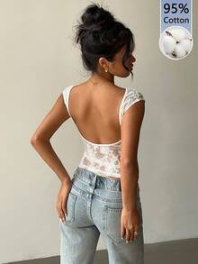 Aloruh 95%棉质蕾丝拼接短袖T恤，性感露背上衣，白色 - 白色 - 查看 6