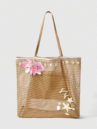 ROMWE Fairycore 1 套米色编织沙滩手提包及配件，时尚个性化沙滩度假风女士手提包（包含 1 个手提包和 1 套配件）