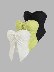 Sweetra 3件套女士夏季休闲度假简约纯色纹理面料扭结前片露脐上衣 - 彩色 - 查看 2