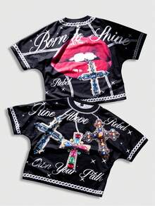 ROMWE MEN 男士字母和嘴唇印花圆领休闲短袖T恤 - 黑色 - 查看 1