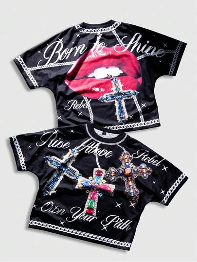 ROMWE MEN Men's Letter & Lip Print Round Neck Casual Short Sleeve T-Shirt