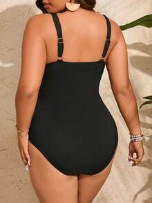 Swim Vcay Summer Beach Plus Size Solid Color Ruched Design One-Piece Swimsuit - Black - View 2