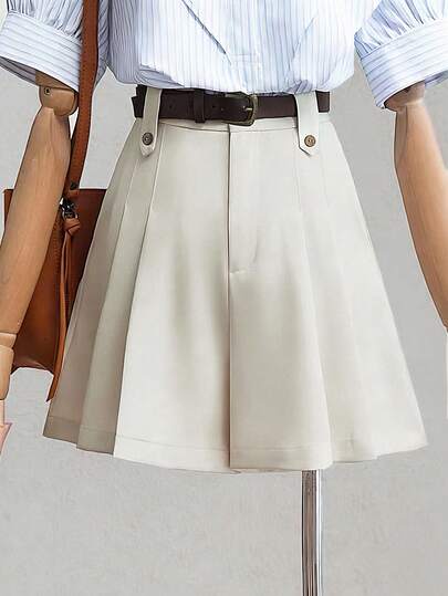 GlowEve Women's Apricot Solid Color Waist Pleated Hem A-Line Pants With Belt Loops And Button Decor, Elegant Professional Outfit For Work, Meeting, Campus, Travel, Holiday, Suitable For Spring And Summer