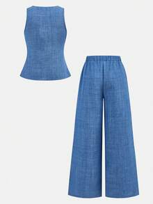 SHEIN 2pcs/Set Tween Girls Denim Shirt Vest + Loose Pants Casual Outfit, Fashionable, Versatile, Suitable For Party, Outing, Photoshoot With Sisters, Park, Camping, Vacation, Daily Casual Wear - Blue - View 2