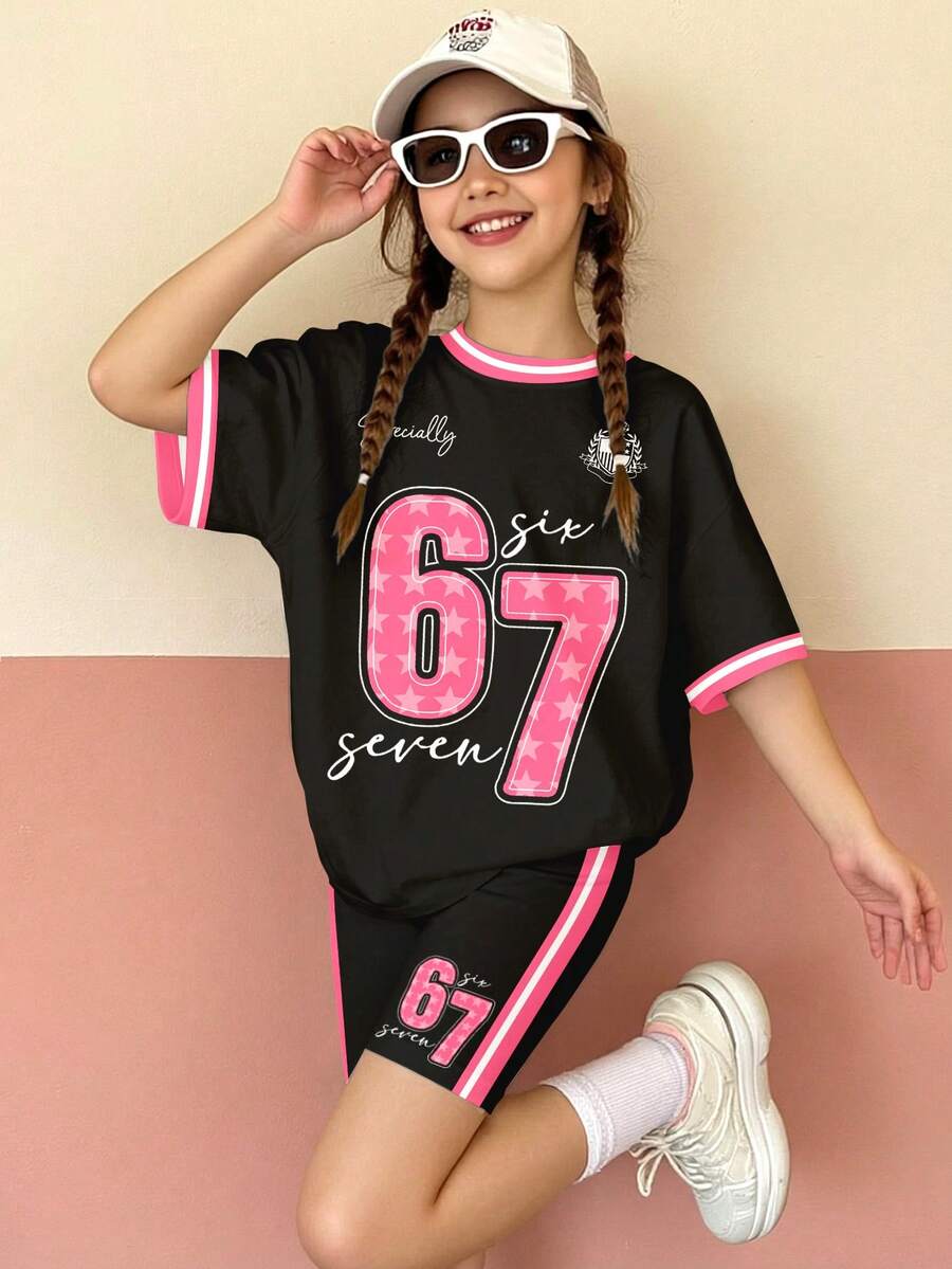 黑粉相间,67号图案印花,条纹运动撞色设计,少女休闲简约舒适圆领宽松短袖T恤搭配修身骑行短裤套装,适合春夏日常穿着、街头风、外出、居家、度假、运动。 - 彩色 - 查看 1