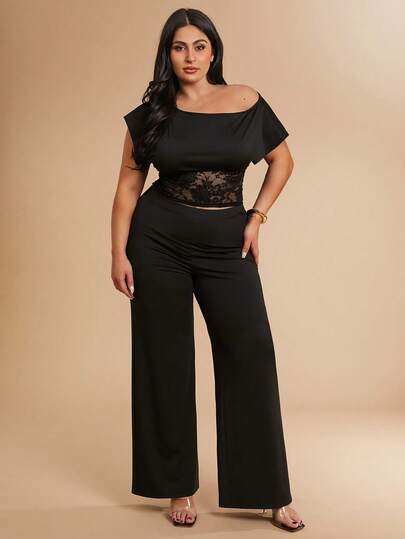 SHEIN BAE 2pcs Solid Color Casual Lace Patchwork Set