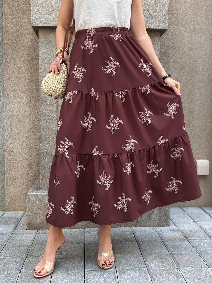 Solivie 女士弹力腰带花卉刺绣图案休闲百搭假日半身裙 - 鏽棕色 - 查看 1