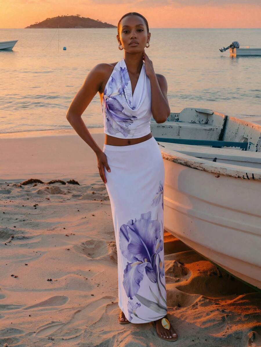 CAJUNI 2pcs/Set Vacation Lilac Special Flower Printed Top And Long Skirt,Summer Two Pieces Set - Mauve Purple - View 1