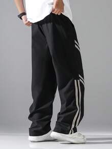 Manfinity Hypemode 男士条纹抽绳腰带口袋休闲直筒裤 - 黑色 - 查看 2