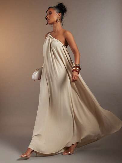 Hauture Women's Sexy Asymmetrical Neck Gathering Linen Maxi Dress