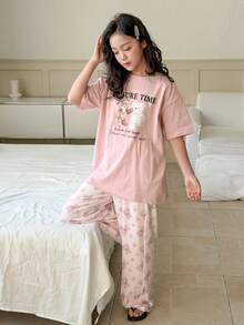 DAZY Tween Girls' Cartoon Bear Letter Print Short Sleeve Top And Pants Pajama Set - Pink - View 8