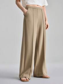 Ontre 2026 Spring/Summer Women's Comfortable Soft Knit Fabric Wide Leg Pants, Loose Fit Elastic Waistband, Toothpick Stripe Design, Modern Urban Chic Business Casual - Brown - View 6