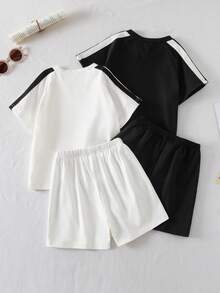 4pcs/Set Boys' Contrast Color Ribbed Crew Neck Raglan Sleeve Pullover Top And Casual Shorts Set White,Summer Young Boys Tracksuits Gym Clothes Kids - Black and White - View 3