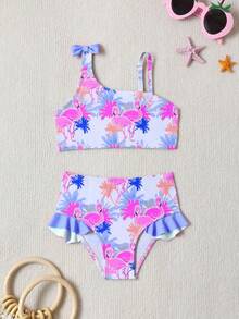 SHEIN Infant/Baby Girl2-Piece Swimsuit Set: Bowknot & Flamingo Print Sleeveless Top With Ruffle Trim & Triangle Print Bottoms - Multicolor - View 3