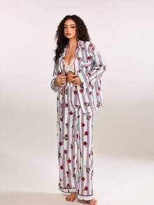 plantica Conjunto de pijama de manga larga con estampado floral y de rayas, estilo urbano casual y sexy, adecuado para vacaciones, citas, hogar, San Valentín, primavera/verano - Multicolor - Ver 1