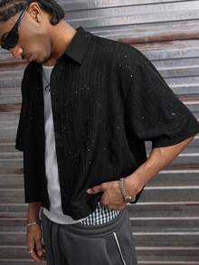 AXEPEAK 男士五角星图案短袖衬衫 - 黑色 - 查看 4