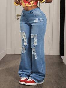Slaydiva Women's Slim Fit Distressed Fashionable Casual Denim Jeans - Light Wash - View 3
