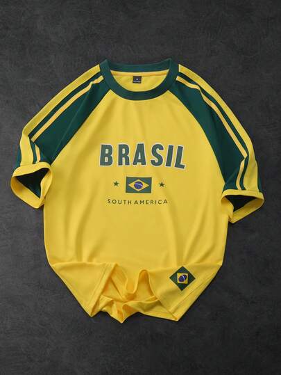 Aesthetic Post Men's Casual Daily Colorblock Letter Graphic Round Neck Short Sleeve T-Shirt, Summer Yellow Brazil Shirt Brazilian T-Shirt