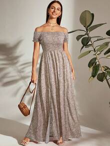 Breezaya Đầm maxi hoa nhí màu đỏ tía, thân áo xếp ly trễ vai, xẻ tà chữ M, thích hợp cho kỳ nghỉ biển dành cho nữ. - Màu Khaki - Xem 4