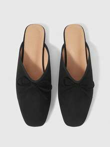 Sleekvia Women Shoes Small Square Toe Flat Bottom Black Suede Bow Women's Mules Slippers Women's Flat Shoes Daily Commute Slouchy Flats Low Vamp Mules Shoes Women's Shoes Valentine's Day - Black - View 2