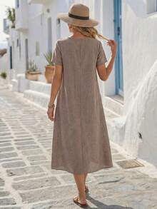 Faunlyn Women's Solid Color Round Neck Short Sleeve Pleated Pocket Casual Loose Dress - Brown - View 2