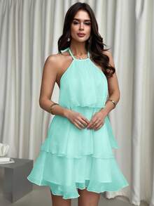 Firerie Elegant Romantic Date Backless Layered Hem White Organza Halter Neck Puff Dress, Suitable For Valentine's Day ,Summer Dress - Green - View 4