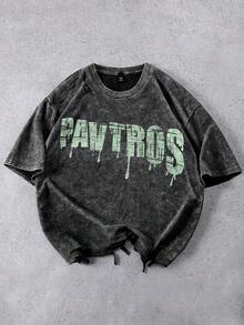PAVTROS 冰雪雪花水洗工艺，做旧效果，不规则下摆，宽松版型，男士英文店名T恤，春夏皆宜，夏季，度假，复古，外出，派对，节日，送男友礼物，街头风，运动 - 黑色 - 查看 3